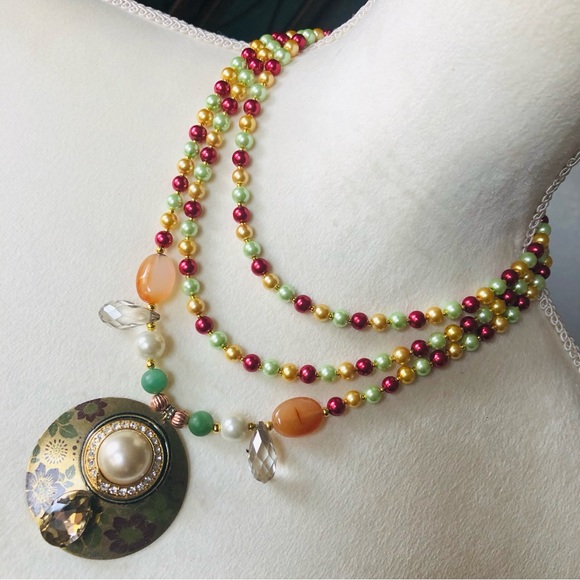 Handcrafted repurpose large amulet pendant Czech glass Pearl